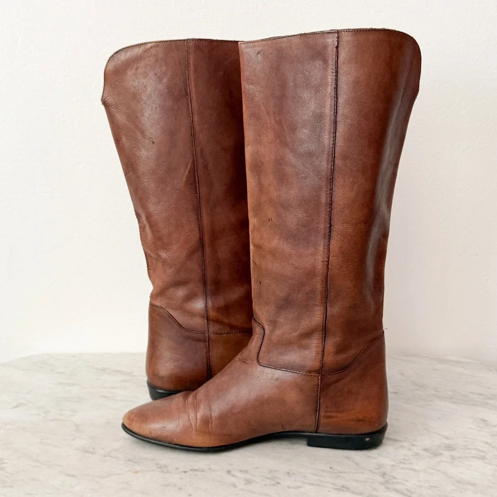 MIA Knee High Riding Boots Vintage Leather Flat Pointed Toe 8.5B Brown Brazil